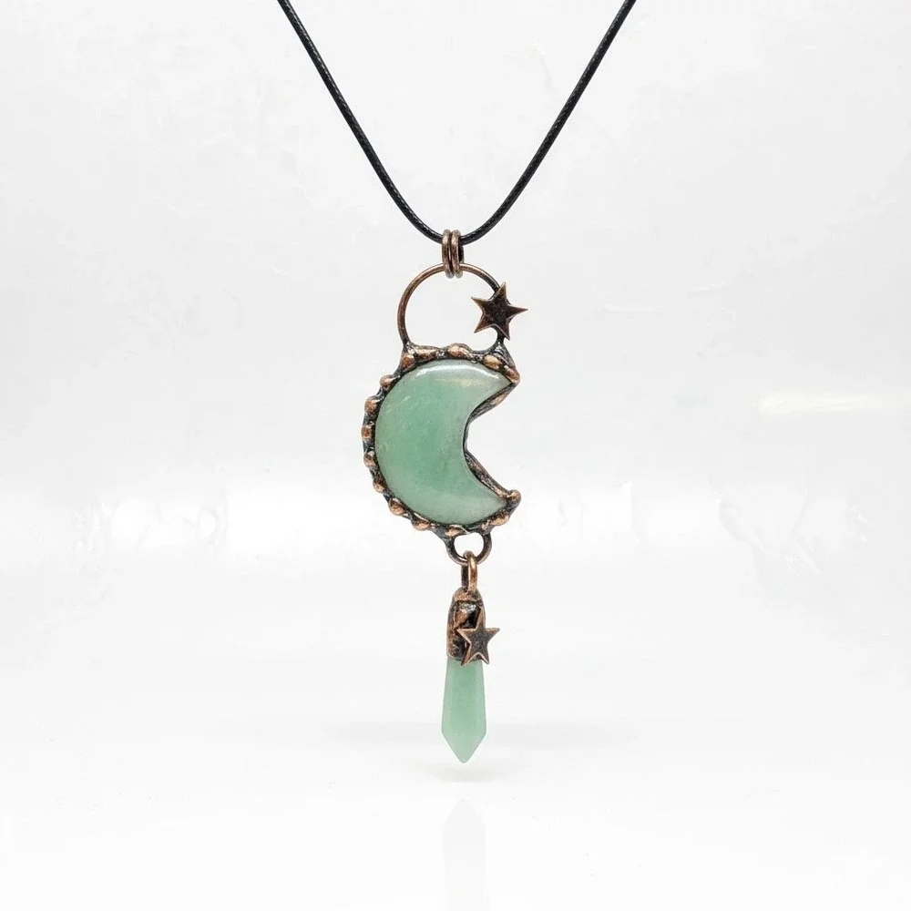 Green Aventurine Crescent‎ Moon Star Necklace Copper electroPlated Pendant Women